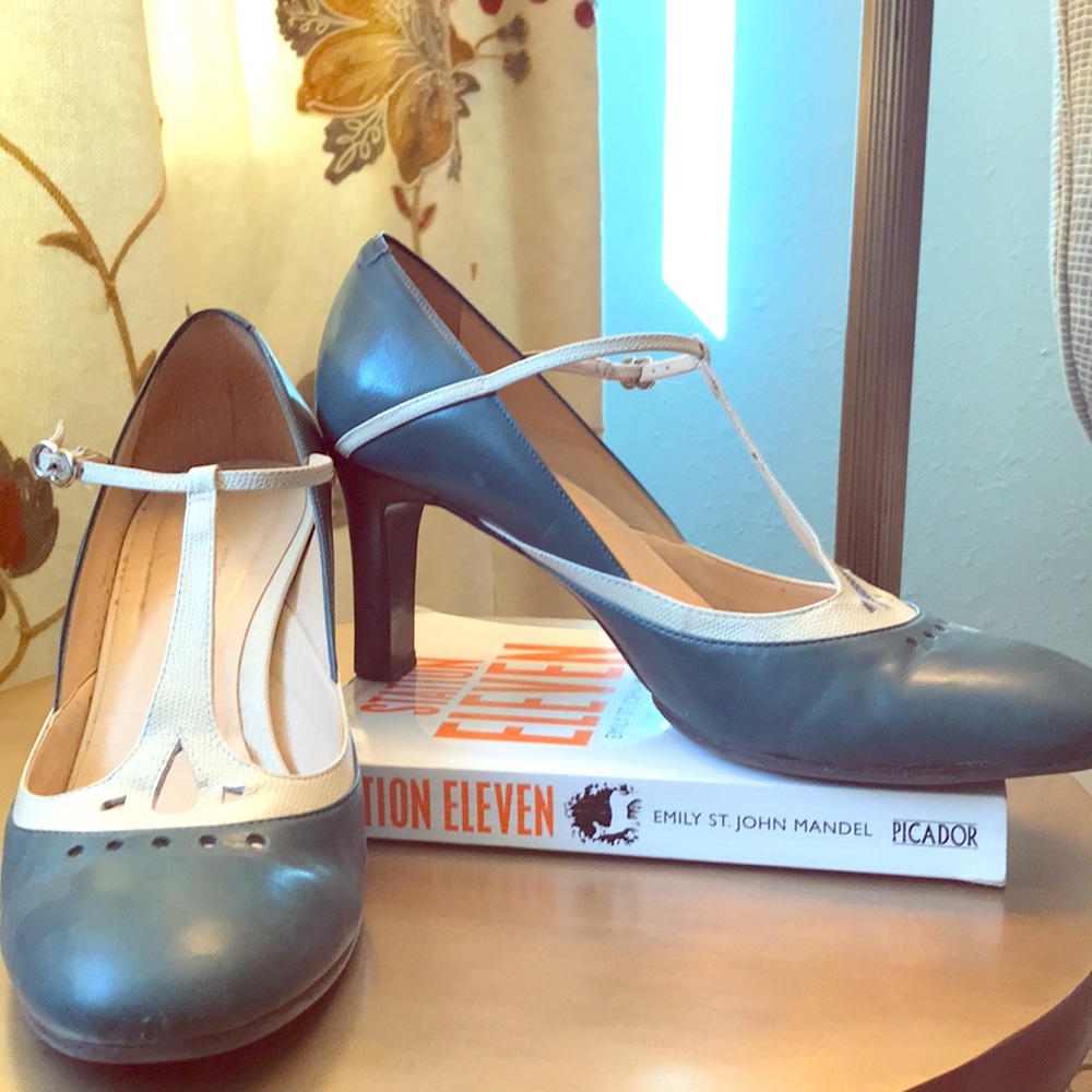 Teal and cream t-strap pumps with 3-inch heel.